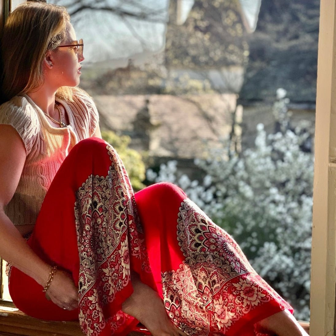 Blossom Goddess Red Chakra Palazzo Pants - Camaroha Sutra