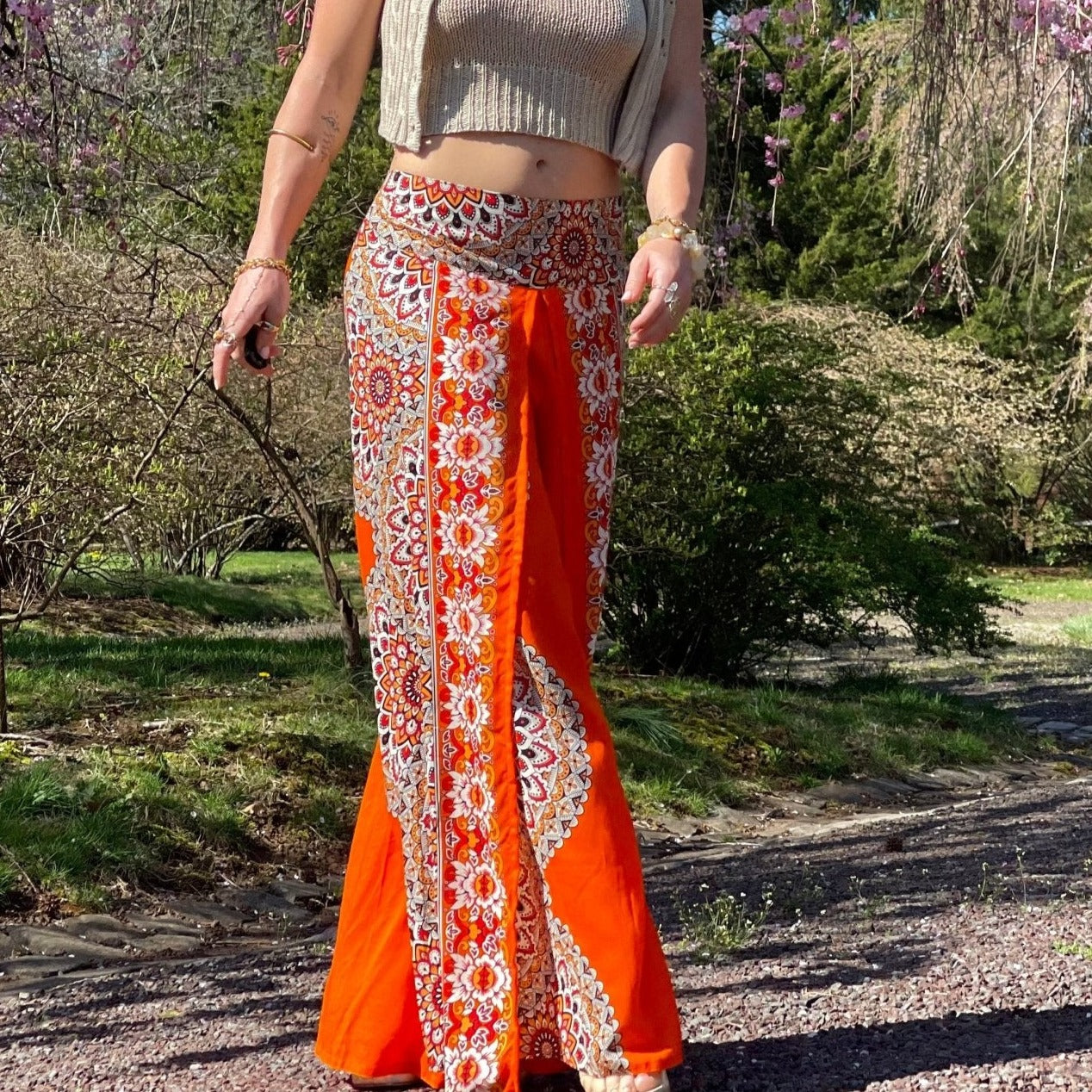 Orange Totem Flower Print Boho Pants Summer Beach Elastic Waist Hippie  Trousers