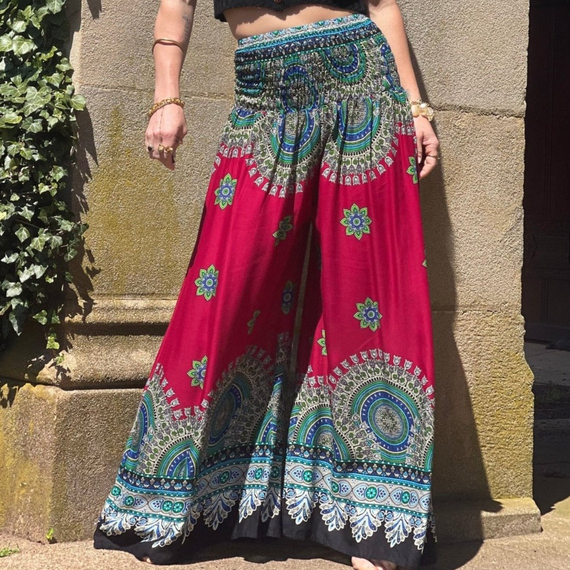 Calypso Goddess Red Trishula Wide Leg Pants - Camaroha Sutra