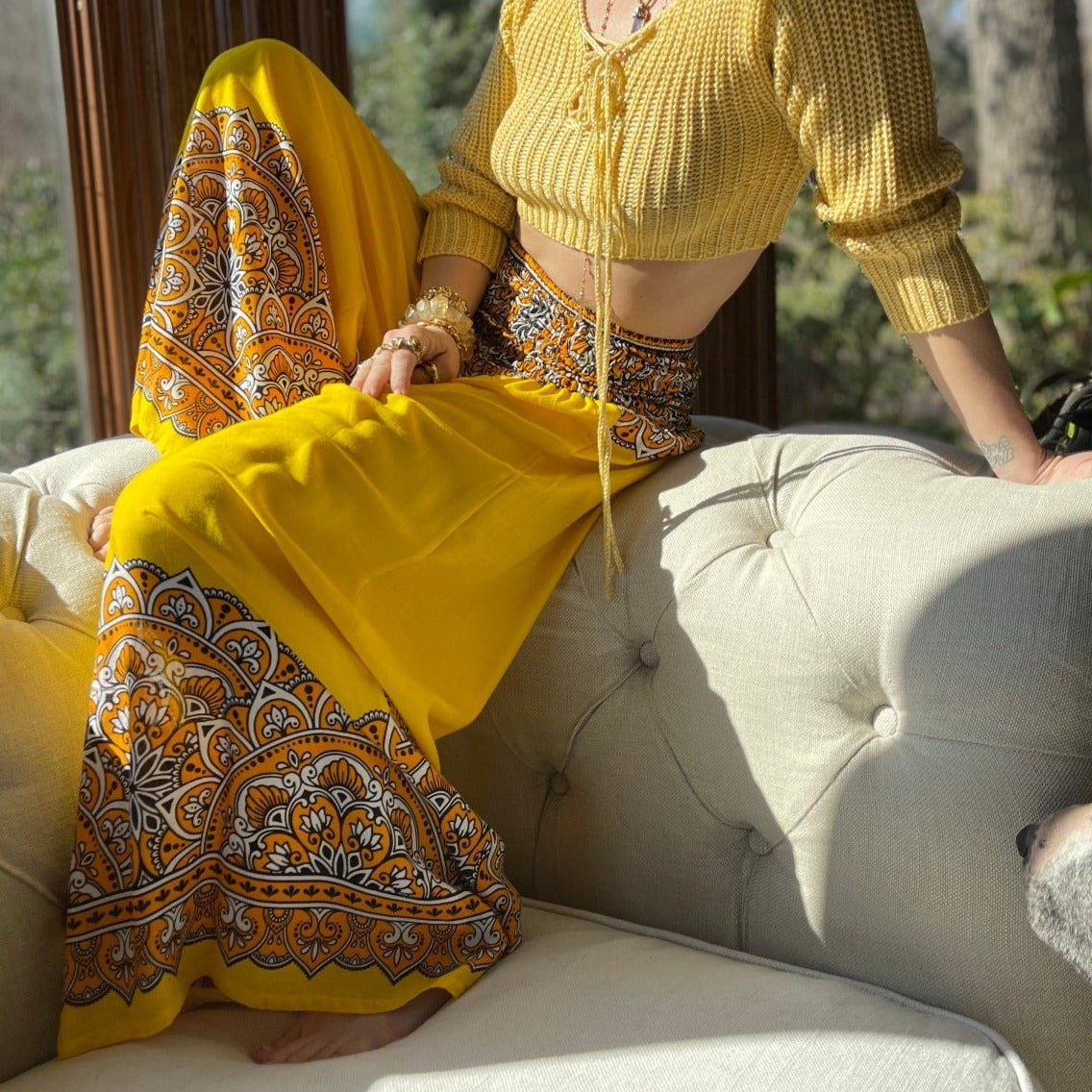 Calypso Goddess Yellow Mandala Wide Leg Pants - Camaroha Sutra