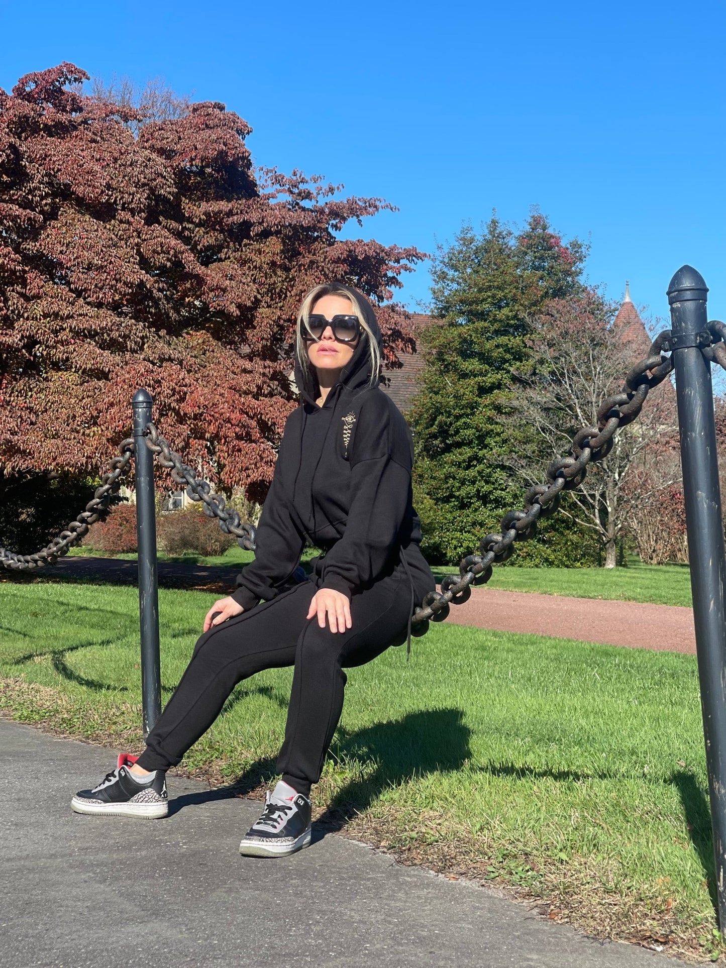 Embroidered Gold Eye Logo Black Cropped Hoodie Cuffed Joggers Set - Camaroha Sutra