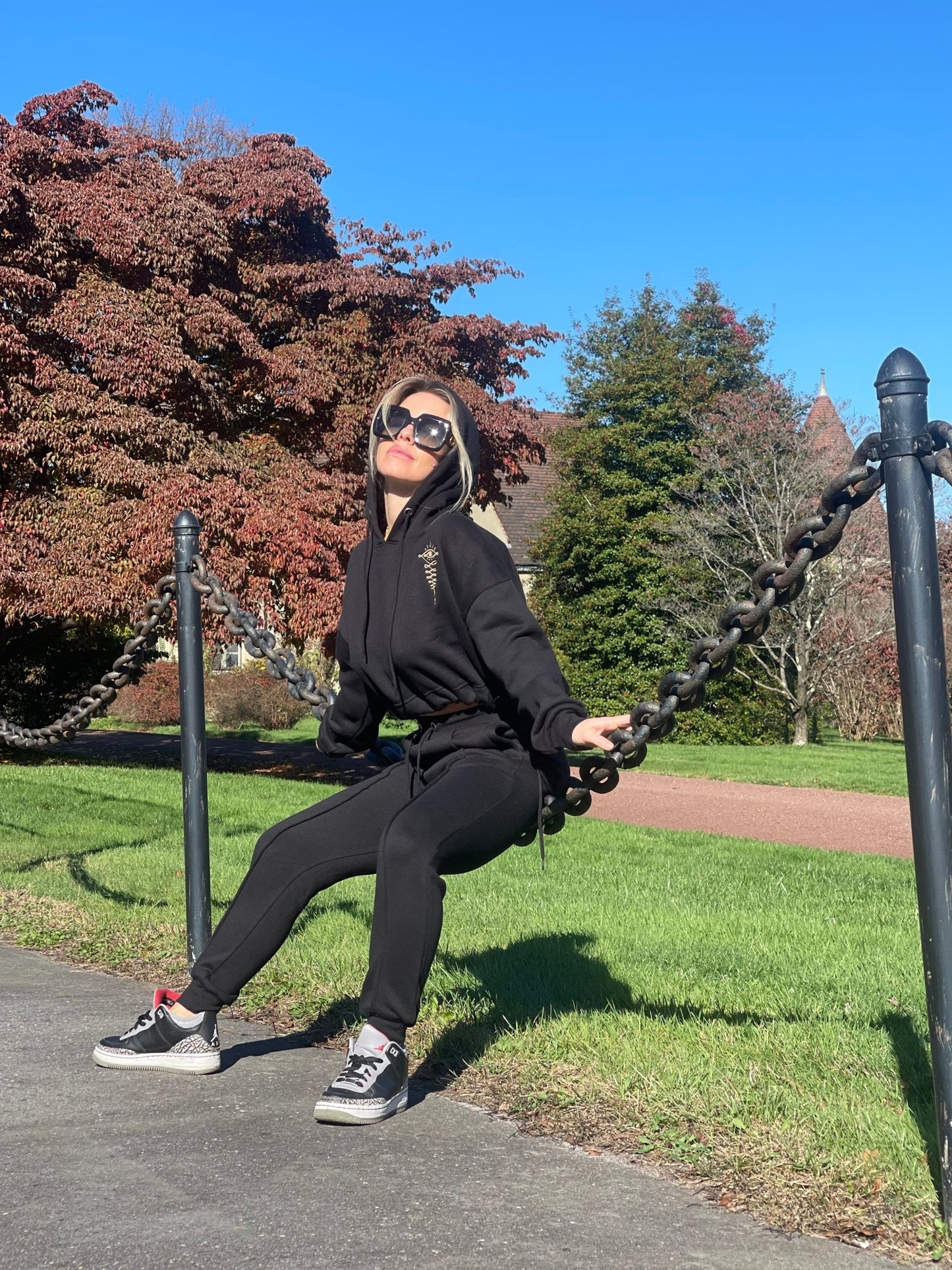 Embroidered Gold Eye Logo Black Cropped Hoodie Cuffed Joggers Set - Camaroha Sutra