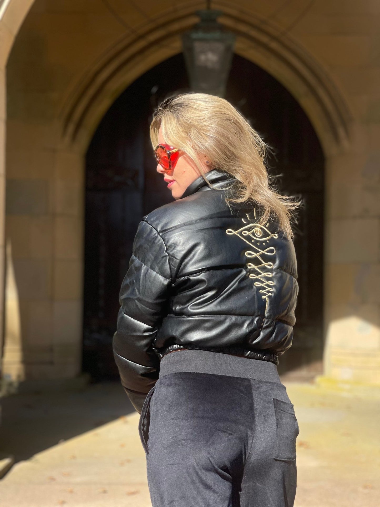 Embroidered Gold Eye Logo Shiny Faux Leather Puffer Jacket - Camaroha Sutra