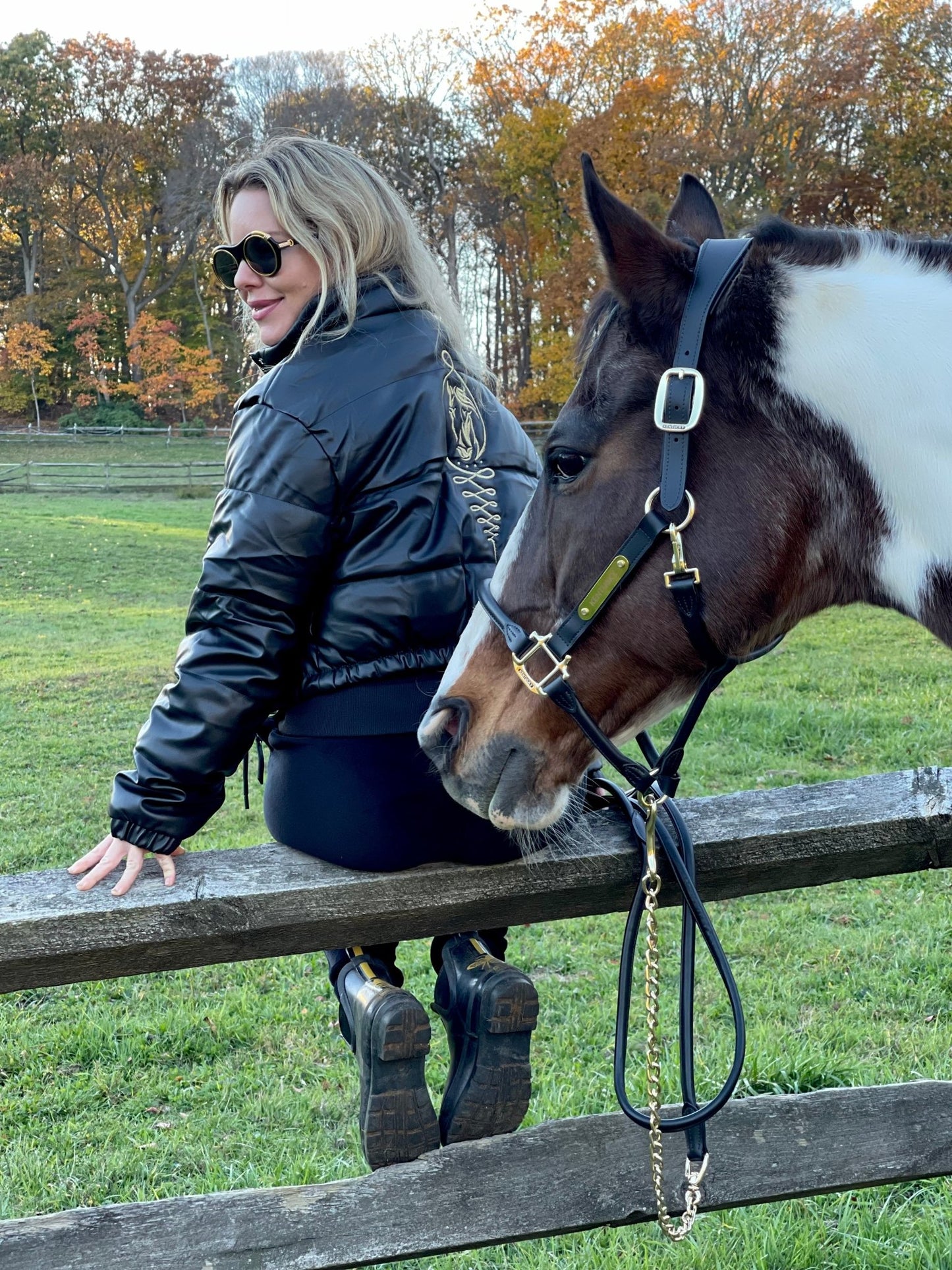 Embroidered Gold Horse Logo Shiny Faux Leather Puffer Jacket - Camaroha Sutra