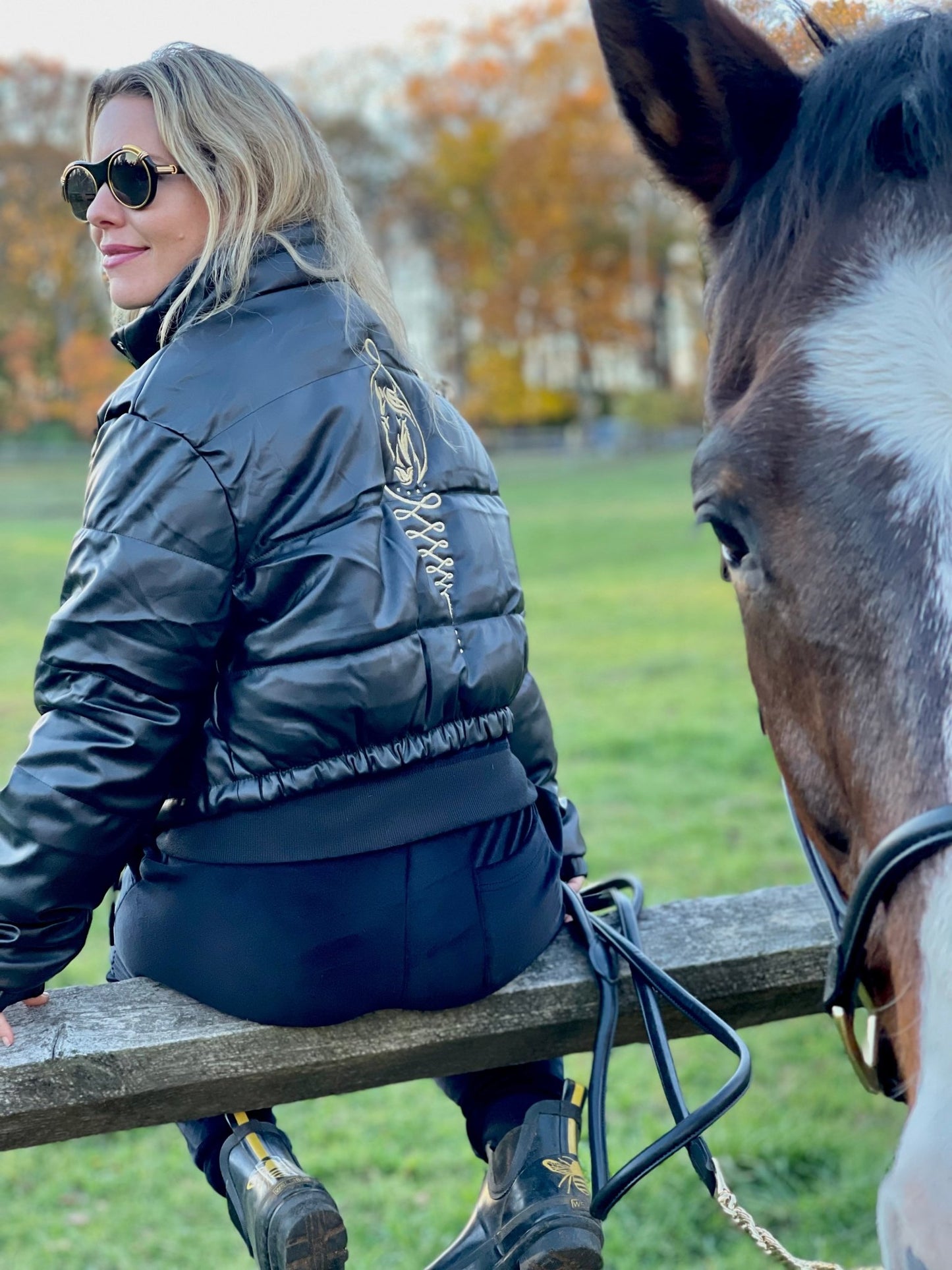 Embroidered Gold Horse Logo Shiny Faux Leather Puffer Jacket - Camaroha Sutra
