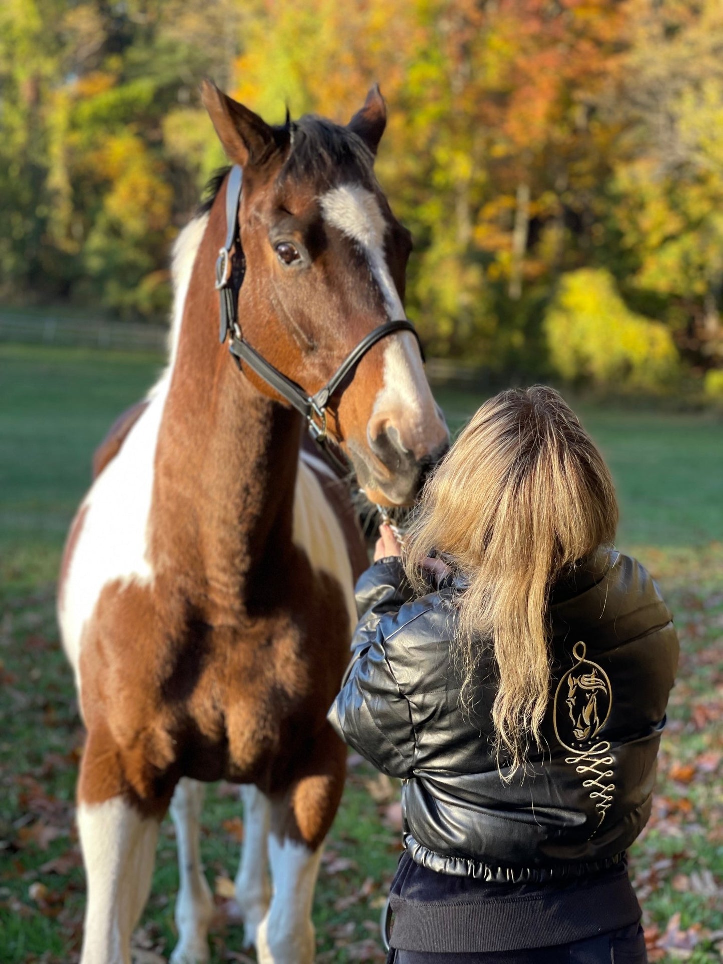 Embroidered Gold Horse Logo Shiny Faux Leather Puffer Jacket - Camaroha Sutra