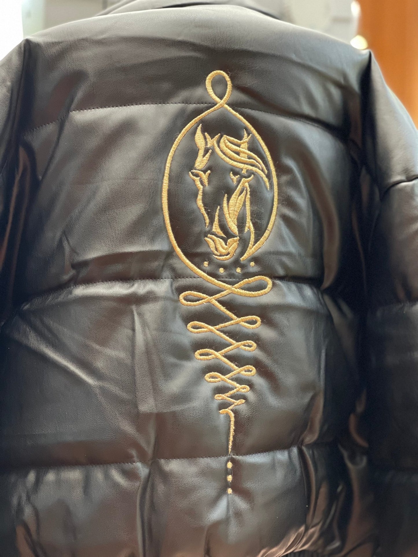 Embroidered Gold Horse Logo Shiny Faux Leather Puffer Jacket - Camaroha Sutra