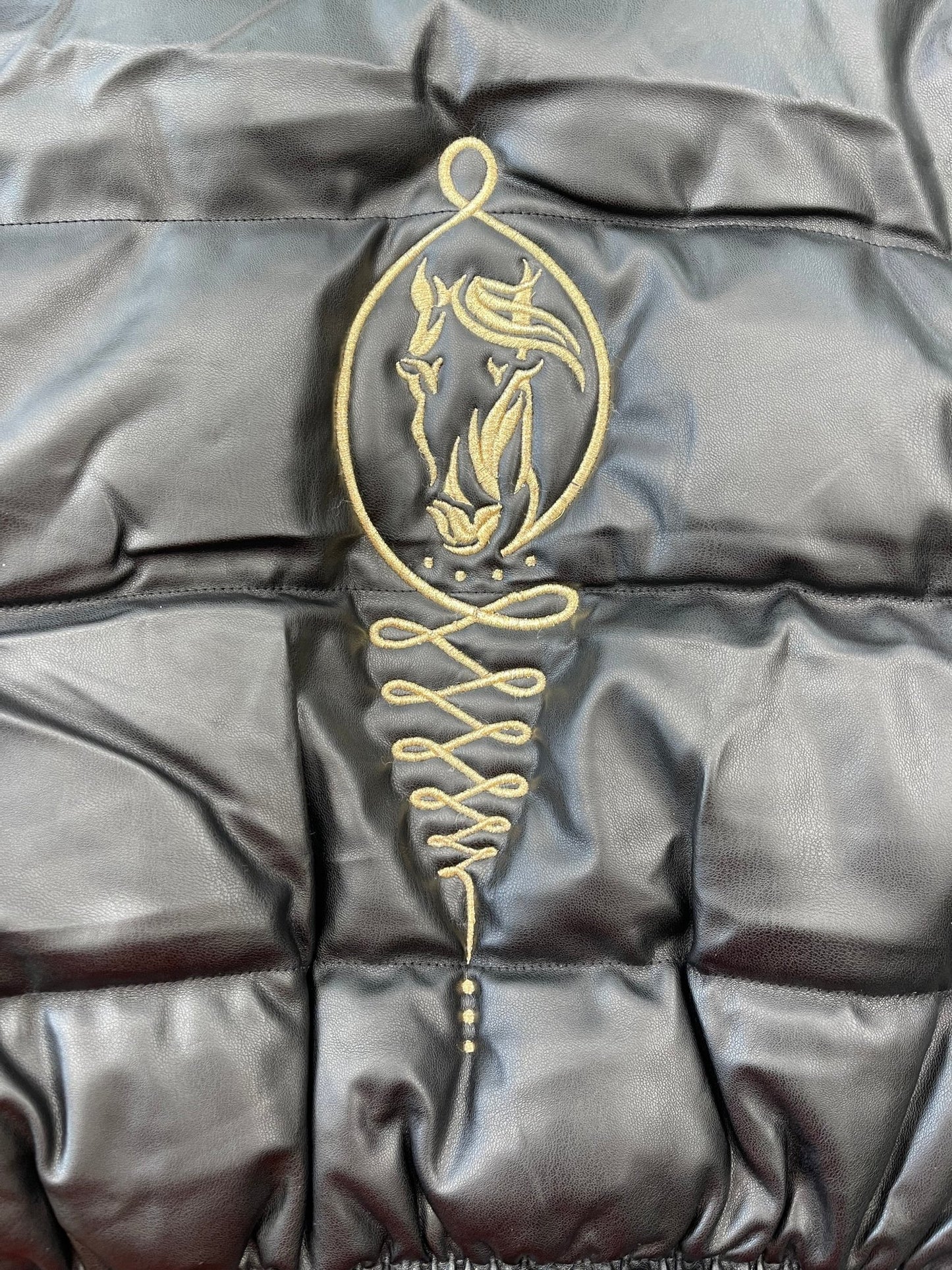 Embroidered Gold Horse Logo Shiny Faux Leather Puffer Jacket - Camaroha Sutra
