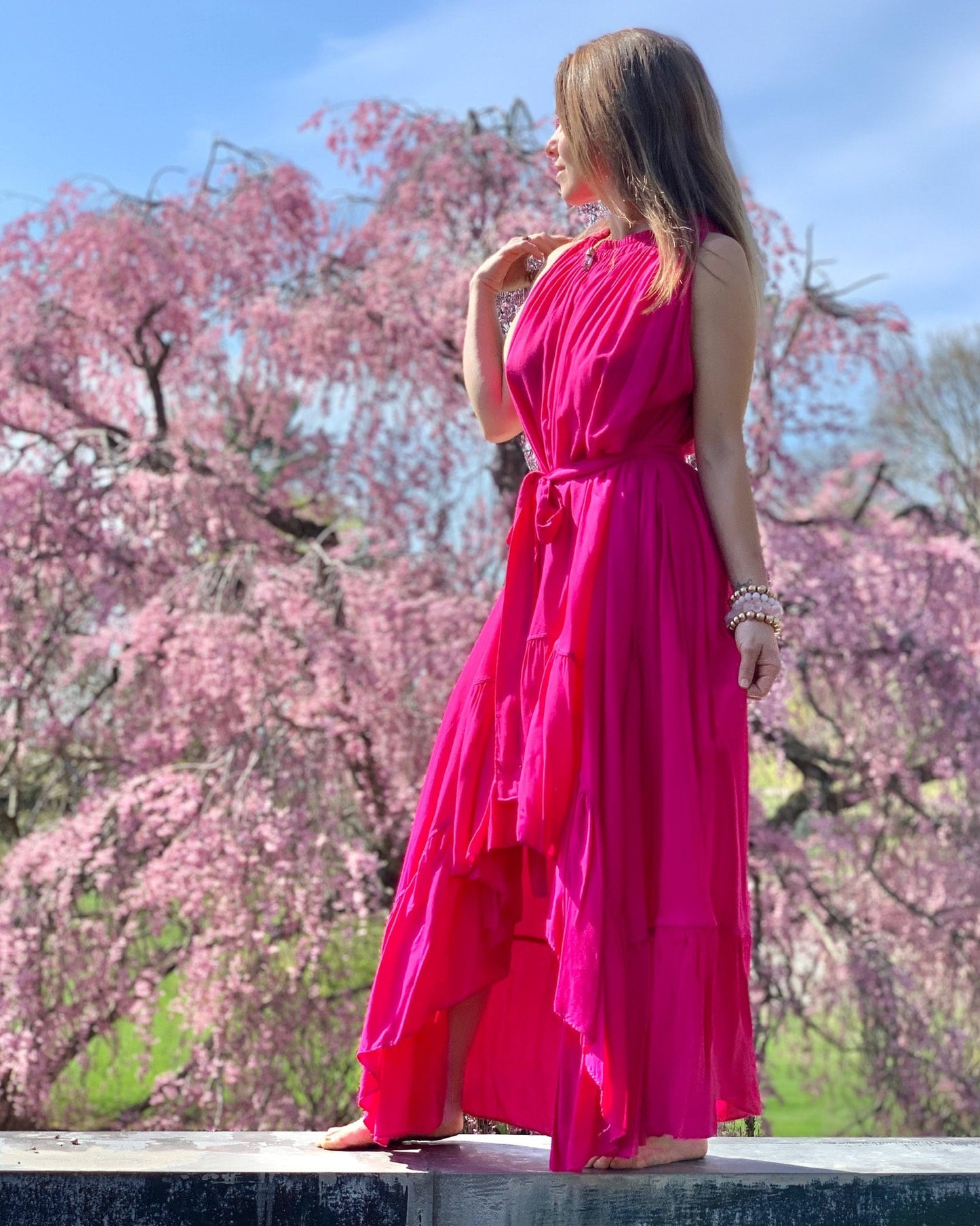 Sleeveless Goddess Dress 10 Inch Ruffle Rayon Fuchsia - Camaroha Sutra