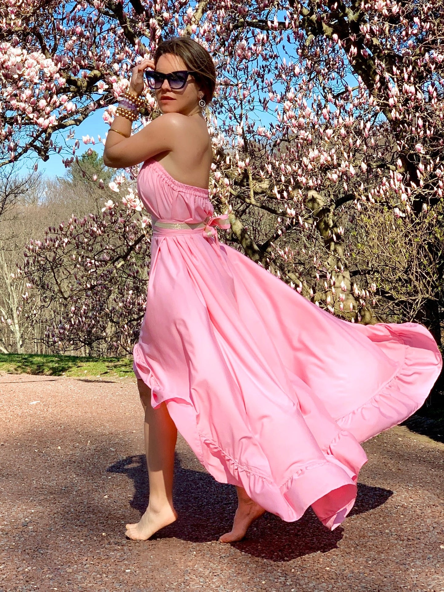 Strapless Goddess Dress 5 Inch Ruffle Palm Beach Pink - Camaroha Sutra