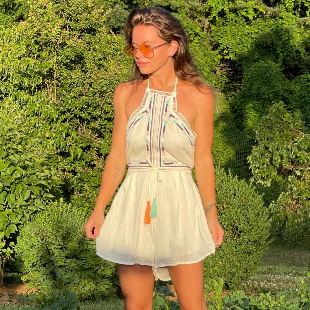 White Embroidered Halter Backless Romper - Camaroha Sutra
