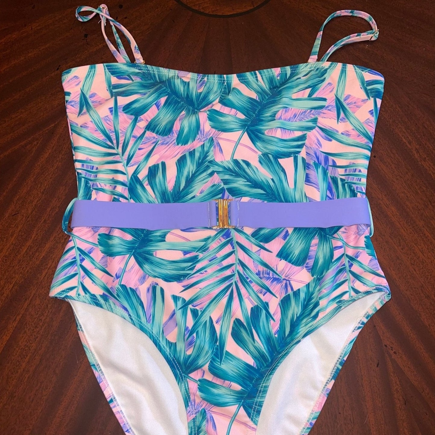 Belted Pink Palm One Piece Swimsuit - Camaroha Sutra