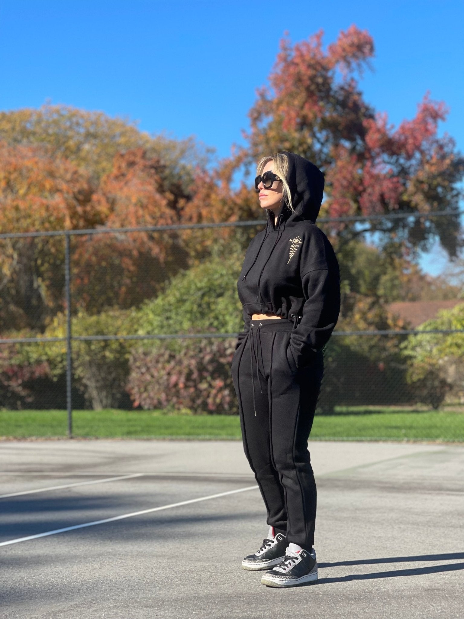 Embroidered Gold Eye Logo Black Cropped Hoodie Cuffed Joggers Set