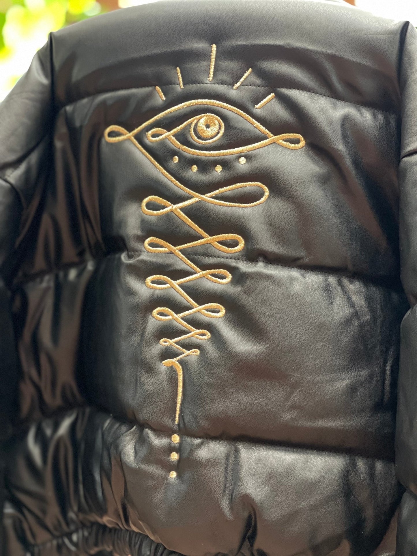 Embroidered Gold Eye Logo Shiny Faux Leather Puffer Jacket - Camaroha Sutra