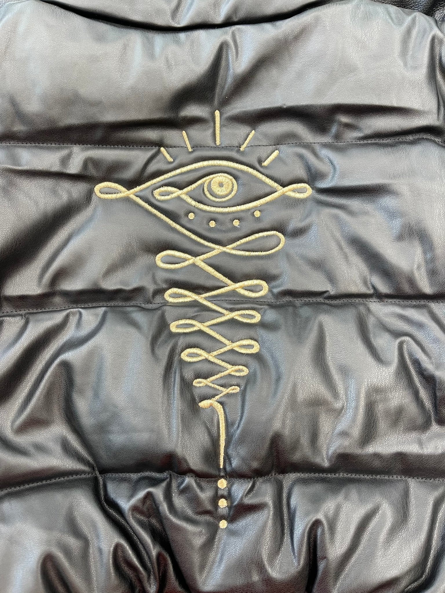 Embroidered Gold Eye Logo Shiny Faux Leather Puffer Jacket - Camaroha Sutra