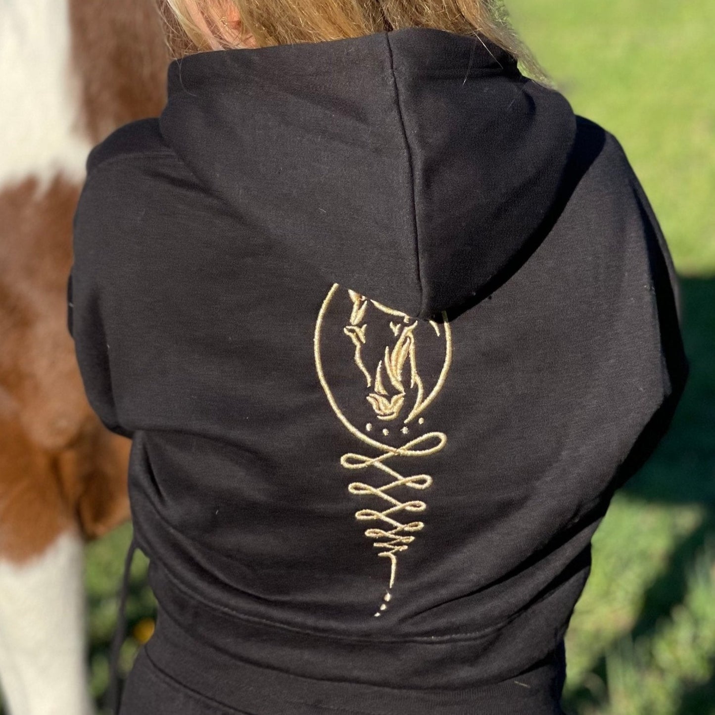 Embroidered Horse Logo Black Cropped Hoodie Cuffed Joggers Set - Camaroha Sutra