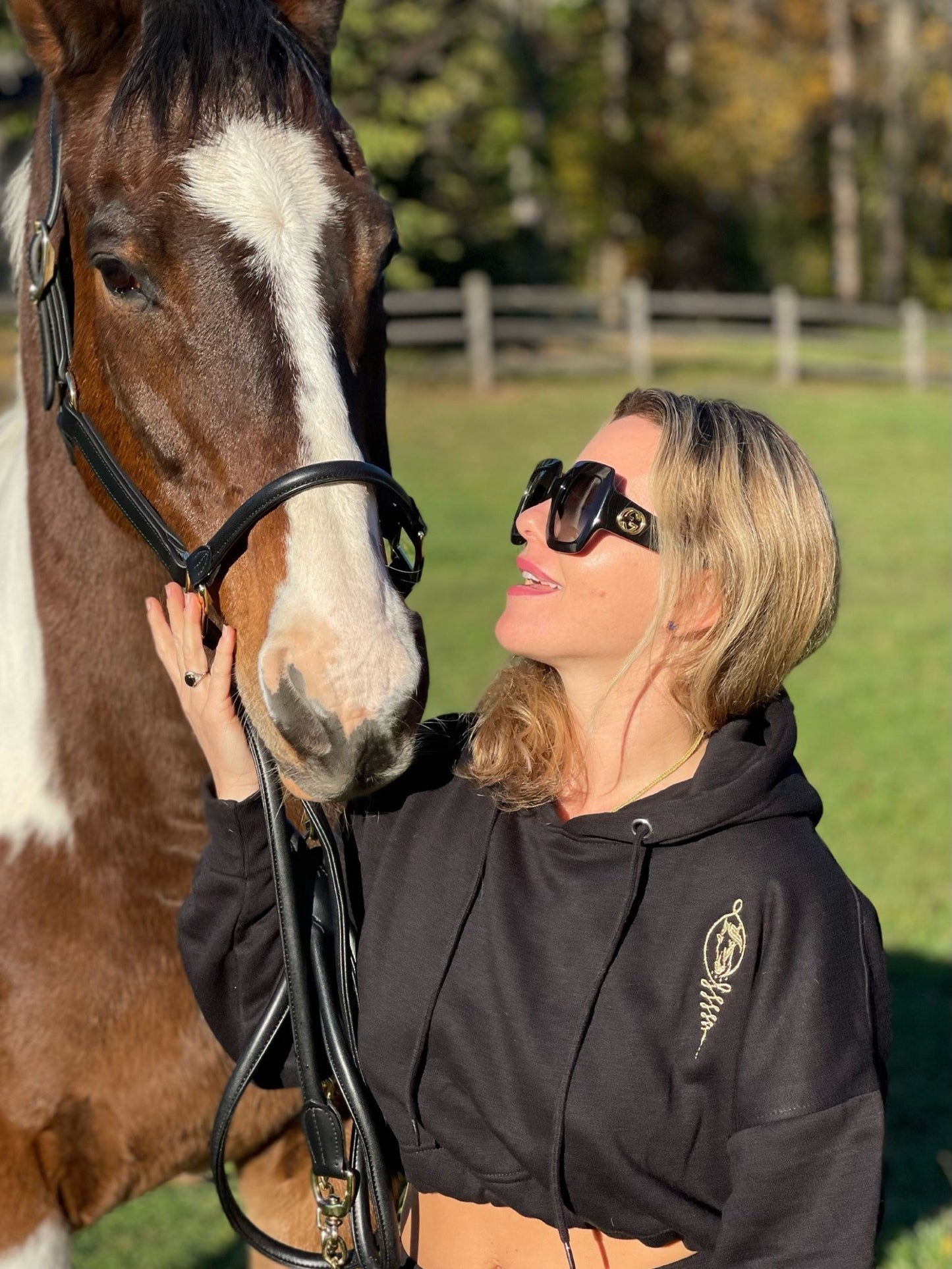 Embroidered Horse Logo Black Cropped Hoodie Cuffed Joggers Set - Camaroha Sutra