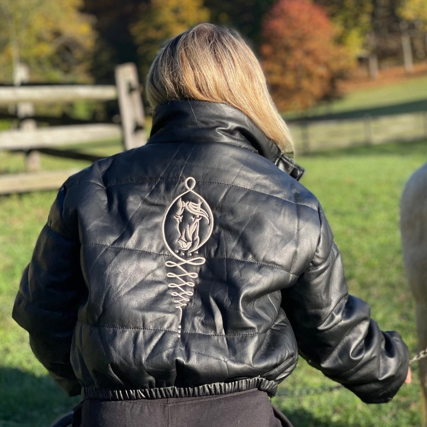 Embroidered Off White Horse Logo Black Faux Leather Puffer Jacket - Camaroha Sutra