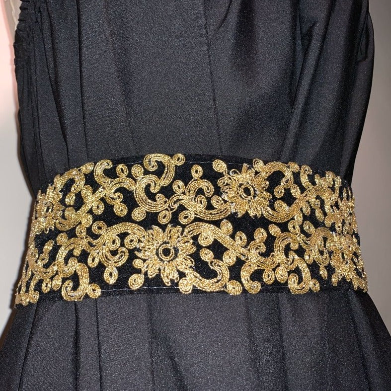 One of a Kind Strapless Goddess Dress 10 Inch Ruffle Black W/ Vintage French Gold Velvet Belt - Camaroha Sutra